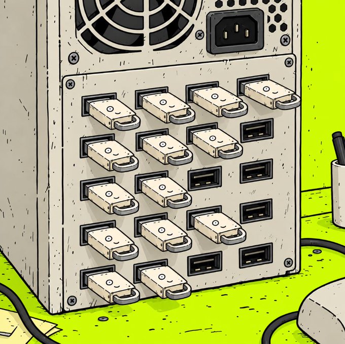 An oversized retro computer tower sits on a neon green surface, bristling with rows of USB drives plugged into its ports beneath a large cooling fan and power outlet. The image matches the post's joke about an absurd open-edition NFT drop of "neon green USBs" — a tongue-in-cheek visual of the quirky digital collectibles on the green blockchain.