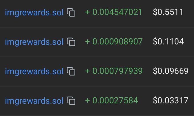 A crypto rewards dashboard showing 'imgrewards.sol' earnings of small SOL amounts and their USD values.