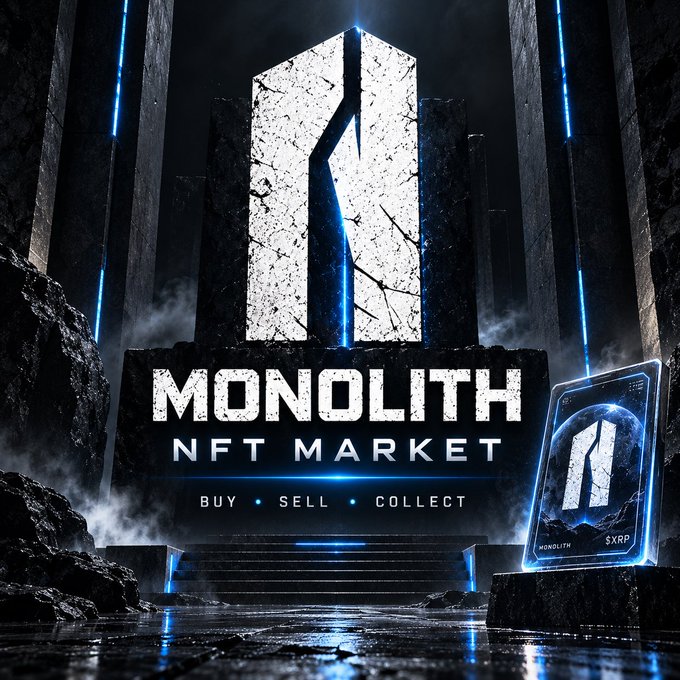 A dark, dramatic promotional graphic for 'MONOLITH NFT MARKET' with the tagline 'BUY • SELL • COLLECT', featuring a large cracked stone monolith and an NFT card labeled '$XRP'.