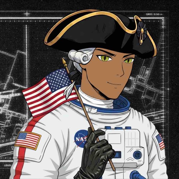 Anime-style illustration of an astronaut dressed as an American founding father, wearing a tricorn hat and holding a small American flag, with a NASA logo on the suit.