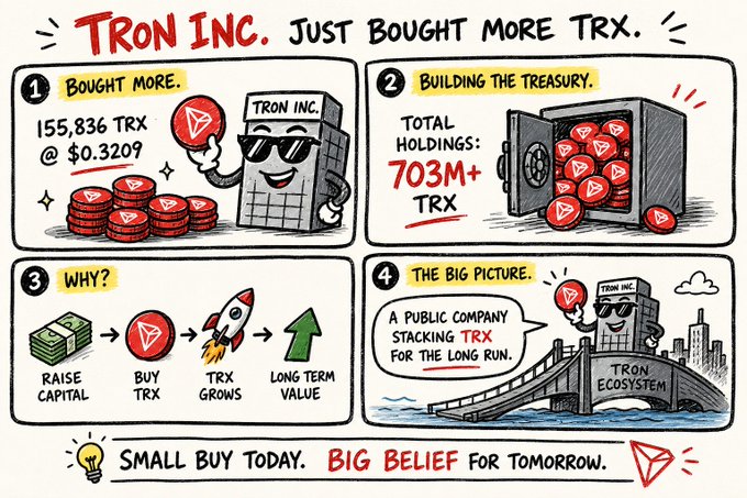 A 4-panel comic illustrates TRON Inc.'s recent acquisition of 155,836 TRX at $0.3209, highlighting their total holdings of over 703M+ TRX and emphasizing the long-term strategy of building a treasury through capital raises to drive TRX growth and ecosystem value.
