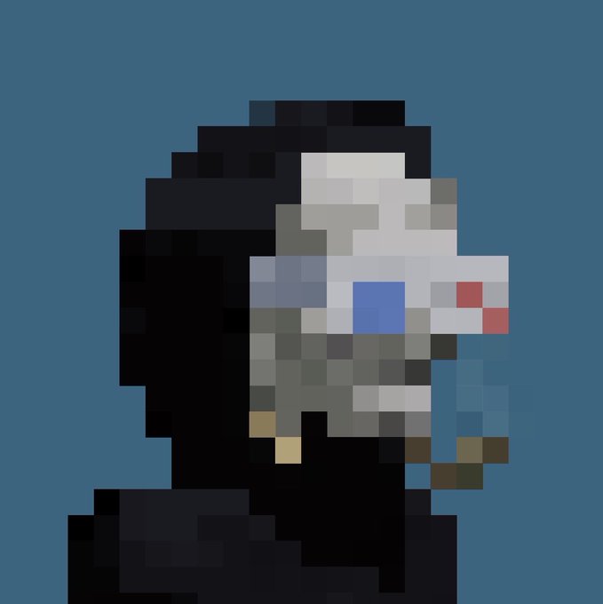 A pixel art portrait of a pale, zombie-like figure with a blue eye and red mouth against a dark teal background.