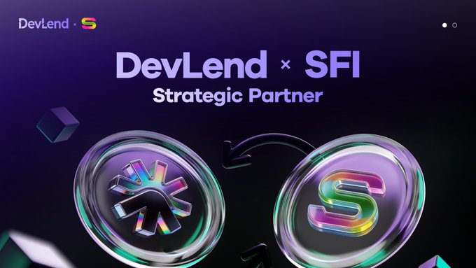 A promotional graphic announcing the "DevLend × SFI Strategic Partner" collaboration, featuring two iridescent 3D coins—one displaying a gear-like symbol for DevLend and the other an "S" for SFI—connected by a curved arrow against a dark purple background. The visual reinforces the post's message of a strategic partnership between DevLendProtocol and SFI_AI to advance AI asset liquidity and decentralized finance infrastructure.