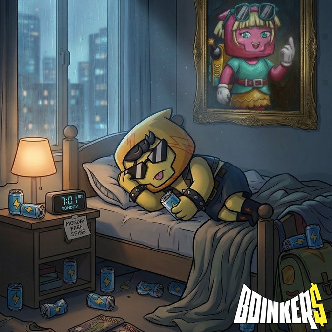 A yellow hooded character wearing sunglasses lounges sleepily in bed surrounded by empty "Boinkers" energy drink cans, while a digital clock reads 7:01 AM Monday and a sticky note advertises "MONDAY FREE SPINS"—cleverly tying the "Sleepy Sunday" caption to the upcoming week's giveaway promotion at boinkers.io.