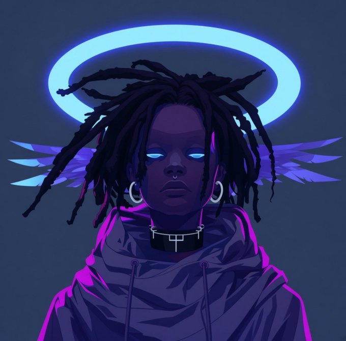 A digital illustration depicts a figure with dark skin, dreadlocks, glowing blue eyes, hoop earrings, and a purple hooded jacket, featuring a glowing blue halo and stylized purple wings against a dark background.