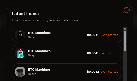 A 'Latest Loans' interface displaying live borrowing activity for BTC Machines NFTs, with loans around ₿0.0041 starting 1 hour ago.