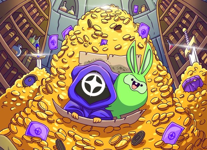 A cartoon illustration shows a character in a purple hood with a white symbol and a green bunny-like creature sitting on a gold coin, buried under a massive pile of gold coins in a vault-like room.