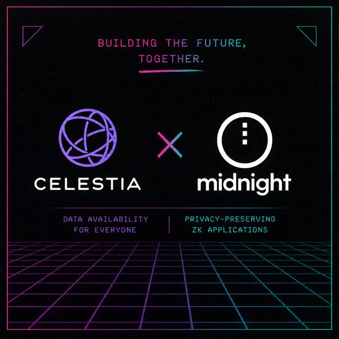 A retro-futuristic graphic announcing a partnership between Celestia ("Data Availability for Everyone") and Midnight ("Privacy-Preserving ZK Applications") under the tagline "Building the Future, Together," with their logos linked by an "x" symbol against a neon grid background, visually representing the collaboration described in the post about Midnight using Celestia's data availability layer instead of building its own P2P network.