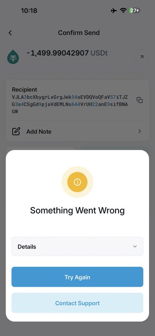 A mobile screenshot of a cryptocurrency wallet's "Confirm Send" screen shows an attempted transfer of -1,499.99042907 USDT failing with a "Something Went Wrong" error popup offering a "Try Again" button. The image illustrates the user's frustration in the caption "RIP :( all LiquidWallets," suggesting the wallet app or transaction process malfunctioned.