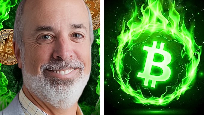Side-by-side image showing a smiling older man with a white beard and gray hair on the left, and a Bitcoin symbol engulfed in green flames on the right.