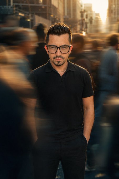 A man with dark hair and glasses wearing a black polo shirt stands in a busy city street with motion-blurred crowds passing by in golden light.