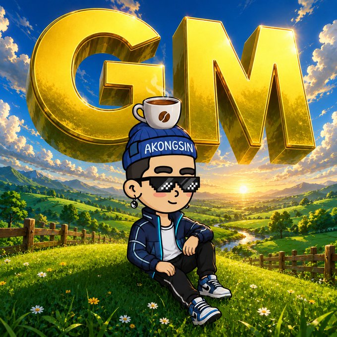 A cartoon character wearing a blue beanie labeled 'AKONGSIN' and pixelated sunglasses sits in a green meadow with a coffee cup on his head, beneath large gold 'GM' letters.
