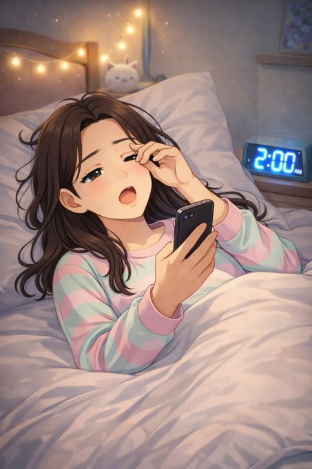 Anime-style illustration of a young woman yawning in bed while looking at her phone, with a digital clock showing '2:00 AM' beside her.