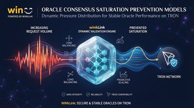 Infographic titled 'ORACLE CONSENSUS SATURATION PREVENTION MODELS' from WinLink, showing dynamic pressure distribution for stable oracle performance on TRON, with load balancing and predictive scaling.