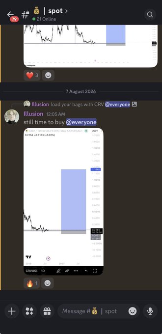 A Discord message from user "Illusion" posted on 7 August 2026 displays a TradingView chart of the CRV/USD perpetual contract on Coinbase, showing a recent price of 0.2154 (+0.0153, +5.02%) alongside the caption "still time to buy," tying into the post's promotion of $CRV spot trading in the "spot" Discord server with free access via DM.