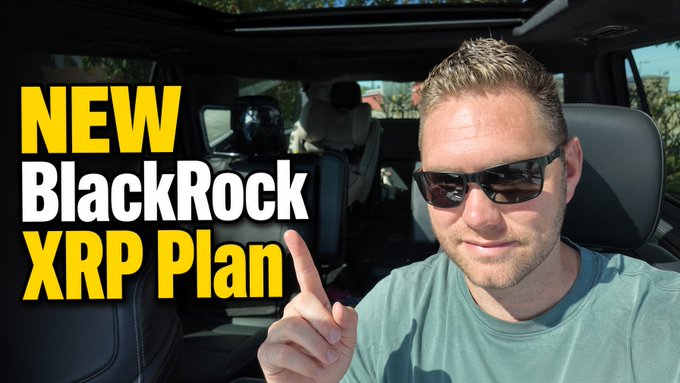 A man wearing sunglasses sits inside a vehicle and points upward next to bold yellow and white text reading "NEW BlackRock XRP Plan," visually announcing the BlackRock XRP ETF in-kind plan highlighted in the post.