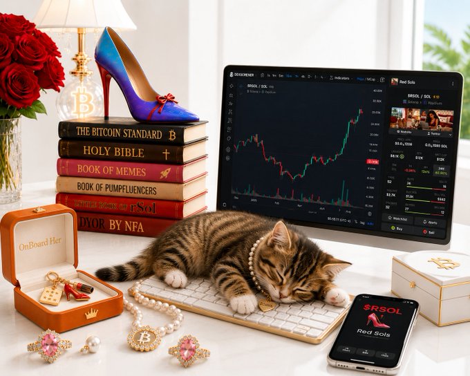 An AI-generated scene showing a sleeping cat on a keyboard in front of a screen displaying "$RSOL / SOL" trading chart, surrounded by Bitcoin-themed jewelry, a high heel shoe, and books including "THE BITCOIN STANDARD" and "BOOK OF MEMES".