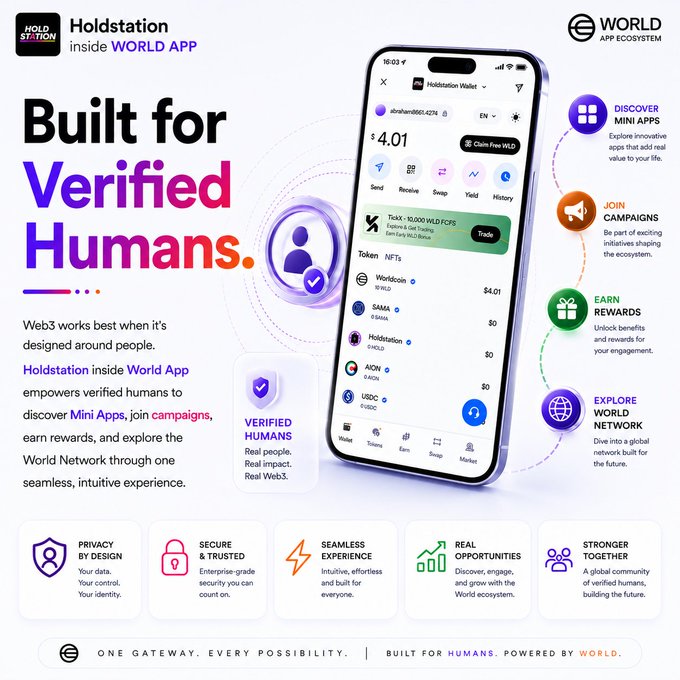 Marketing graphic for 'Holdstation inside WORLD APP' featuring the headline 'Built for Verified Humans' alongside a smartphone displaying a crypto wallet interface with token balances.