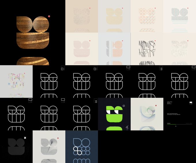 A collection of typography and logo design explorations featuring abstract geometric letterforms in various textures, patterns, and rendering styles against black and light backgrounds.