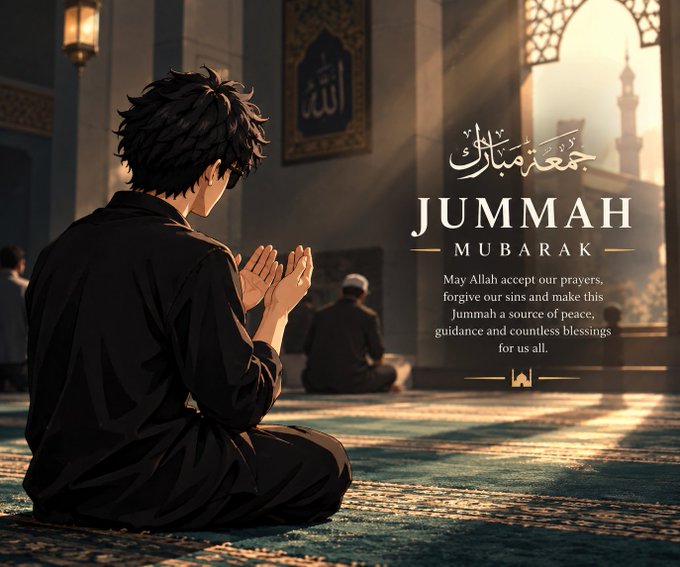 An anime-style illustration of a young man in black kneeling in prayer inside a mosque with 'JUMMAH MUBARAK' text and a prayer message wishing peace, guidance, and blessings.