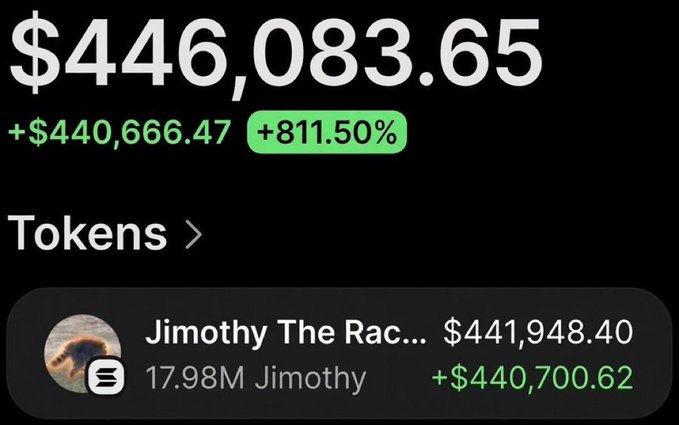 The image shows a portfolio display featuring a token called "Jimothy The Rac..." (Jimothy) with a balance of 17.98M tokens valued at $441,948.40, having gained $440,700.62 (+811.50%) for a total portfolio value of $446,083.65, which the poster uses to illustrate their claimed $440,000 profit on the $JIMOTHY token.