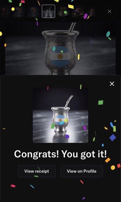 The image shows a phone screen with two posts displayed, one of which is a photo of a silver cup with a colorful design, and the other is a message congratulating the user for receiving an item or service. The background of both posts has confetti falling from above, creating a festive atmosphere around the content.