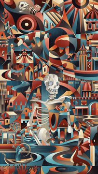 A surreal, colorful digital illustration featuring a skeletal figure centrally placed amidst a chaotic landscape of distorted buildings, swirling patterns, eyes, and abstract geometric shapes in vibrant reds, blues, and oranges.