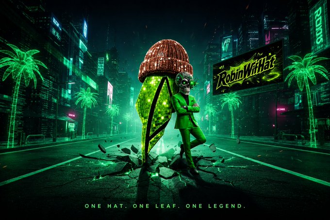 A promotional poster for 'RobinWifHat' featuring an anthropomorphic rat character in a green suit wearing a red hat, standing on a cracked road in a neon-lit cyberpunk city, with the tagline 'ONE HAT. ONE LEAF. ONE LEGEND.'