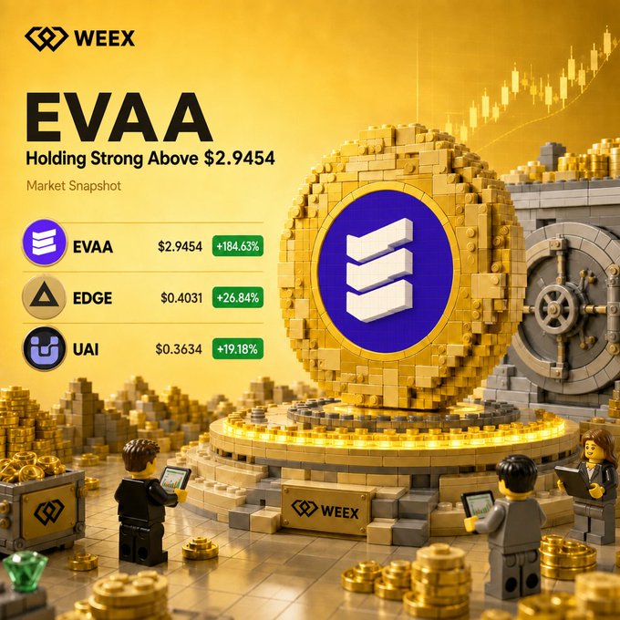 A WEEX market snapshot graphic highlights EVAA as the standout performer, holding strong at $2.9454 with a +184.63% gain, alongside EDGE at $0.4031 (+26.84%) and UAI at $0.3634 (+19.18%)—all set against a 3D LEGO-style scene of a giant golden crypto coin surrounded by stacks of coins, a vault, and tiny trading figures, visually reinforcing the post's prompt for viewers to pick which token will lead next.
