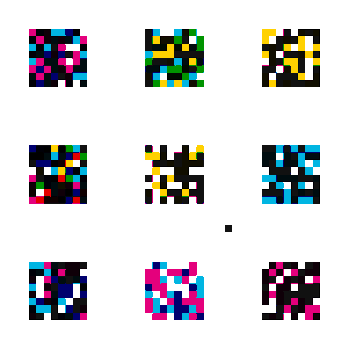 A 3x3 grid of small, abstract pixelated digital artworks in various colorful patterns against a white background.