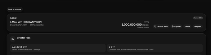 A dark-themed token information page titled 'A MAN WITH HIS OWN VISION' showing a total supply of 1,000,000,000 and a creator fee of 0.011351 ETH.