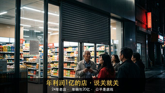 A nighttime street scene showing a group of people standing outside a brightly lit convenience store with metal security shutters partially down, with Chinese text translating to 'A store with an annual profit of 100 million, closes when it says it will, a 24-year-old store with annual sales of 2 billion, fairness is the bottom line.'