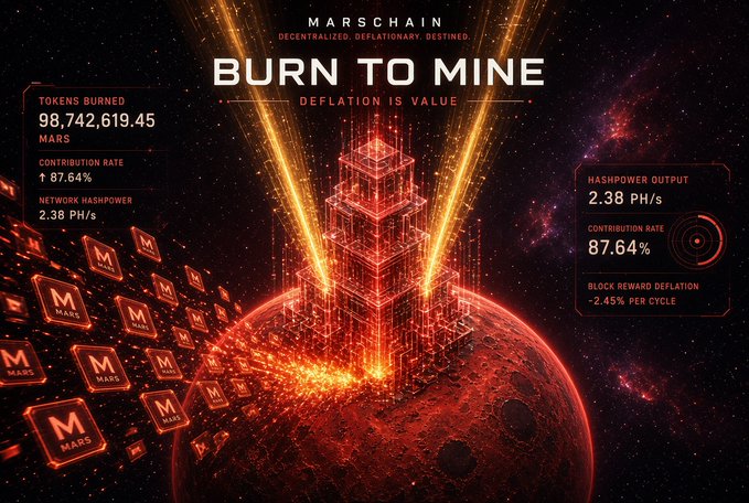 A dark, fiery promotional graphic for 'MARSCHAIN' with the headline 'BURN TO MINE' and 'DEFLATION IS VALUE', displaying metrics including '98,742,619.45 MARS' burned, '2.38 PH/s' hashpower, and '87.64%' contribution rate.
