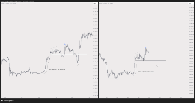 A side-by-side TradingView chart comparing Bitcoin ($BTC) and an altcoin, both showing similar bullish price action with an upside move followed by a sharp drop back to the marked "Fair Value Gap" near the recent lows, implying the post's warning that price is being manipulated downward to take out retail liquidity before continuing higher.