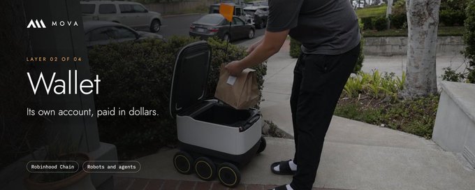 An advertisement for MOVA's Layer 02 of 04 'Wallet' product, showing a person placing a brown paper package into a white delivery robot on a sidewalk, with text noting 'Its own account, paid in dollars' and tags 'Robinhood Chain' and 'Robots and agents'.