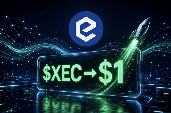 A promotional graphic featuring the eCash (XEC) logo, a rocket ship blasting off, and large green text reading '$XEC → $1' on a digital tech background.