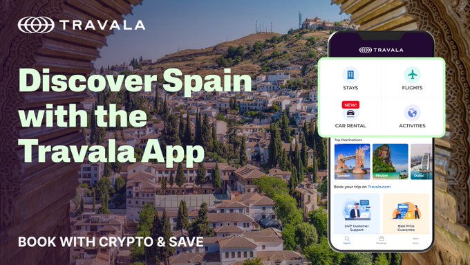 An advertisement for the Travala app showing a scenic view of a Spanish city with text 'Discover Spain with the Travala App' and 'BOOK WITH CRYPTO & SAVE'.