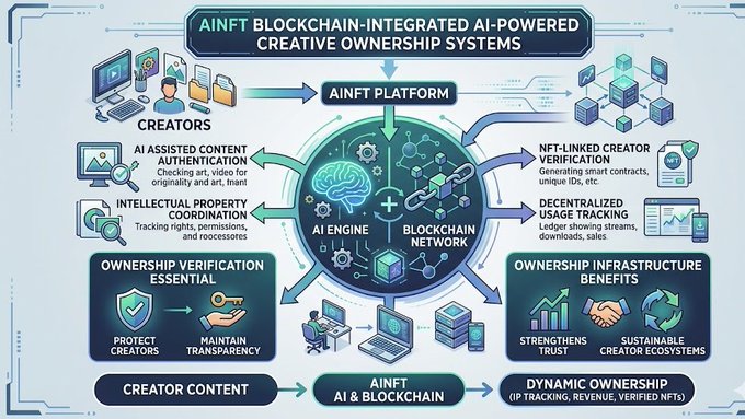 The image presents a colorful diagram of a machine that looks like an engine, with different components such as laptops, mice, keyboards, and computers. It also shows a graphic representation of a brain connected by blocks. On one side, there's text explaining what AI blockchain-integrated creative ownership systems are, along with several logos and icons representing their purpose. The image seems to be related to the post about AI and machine learning technology for creativity and ownership verification in the digital economy.