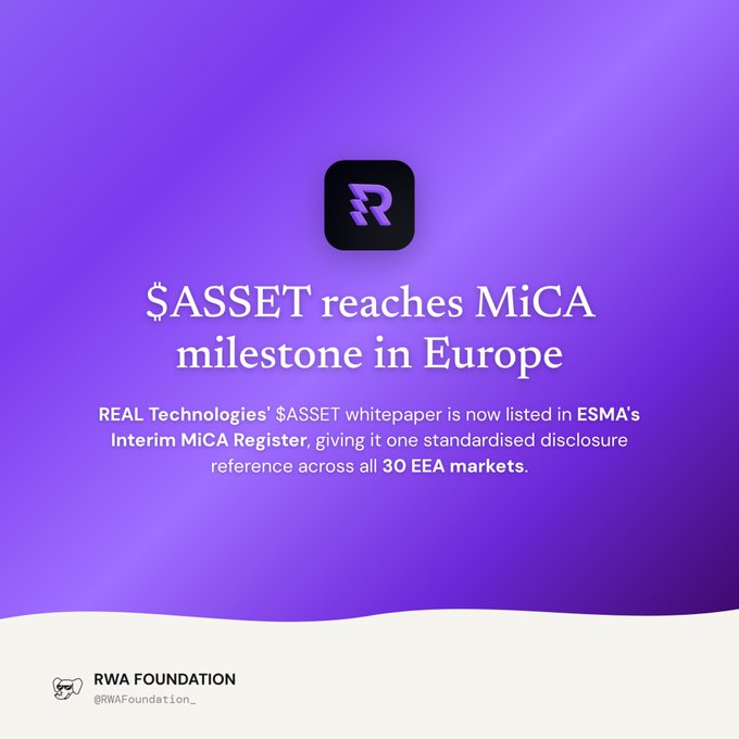 A purple promotional graphic announcing "$ASSET reaches MiCA milestone in Europe", noting that REAL Technologies' whitepaper is now listed in ESMA's Interim MiCA Register.