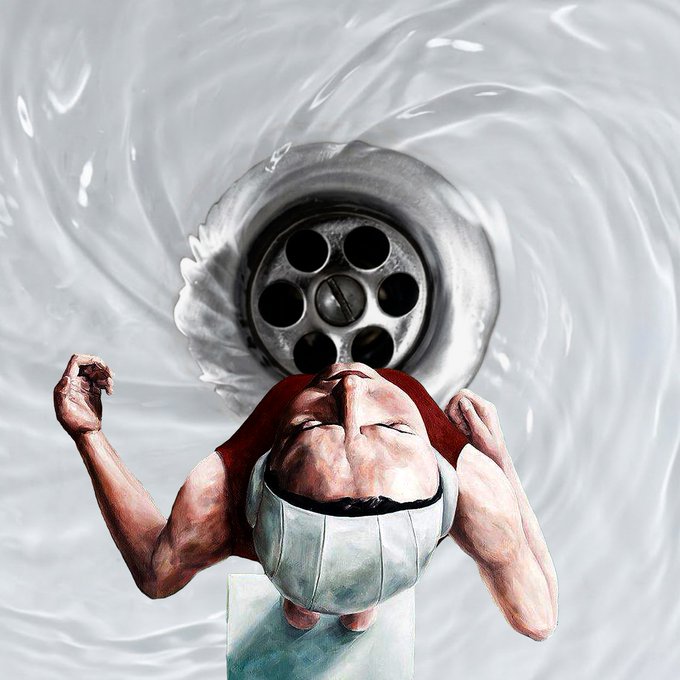An upside-down figure in a shower cap appears to be falling or being pulled toward a drain, visually echoing the artwork's "Undertow" theme of being drawn downward, with water swirling into the central abyss. The accompanying post promotes the piece as an NFT listing on objkt.com for 29 tez (ꜩ).