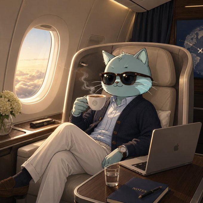 An illustrated anthropomorphic cat wearing sunglasses, a cardigan, and dress shirt sits in a first-class airplane seat, drinking coffee while working on an Apple laptop with a NOTES journal nearby.