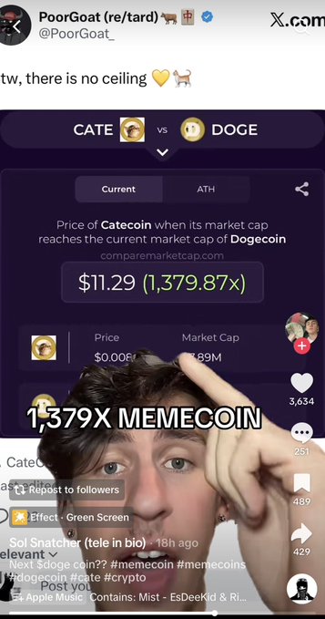 A TikTok creator holds up three fingers in front of a comparemarketcap.com chart showing Catecoin (CATE) vs Dogecoin (DOGE), highlighting a potential 1,379.87x upside if Catecoin reaches Dogecoin's market cap of $14.89M, with the caption "1,379X MEMECOIN." The image directly supports the post's point about TikTok creators promoting $Catecoin as the latest hyped memecoin.