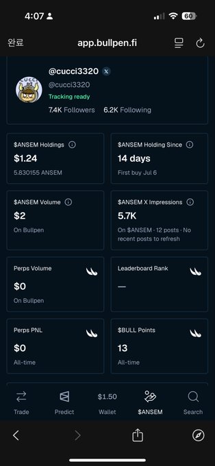 A mobile screenshot of app.bullen.fi showing the @cucci3320 profile with stats including $1.24 in $ANSEM holdings, 14 days holding, and 7.4K followers.