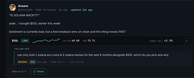 The image shows a screenshot of a social media post by @blknoiz06, which appears to be about a coin called Solana. The post includes text that reads "$SOL up 5.9% since this tweet from @blknoiz06". This information is related to the coin being worth $5.9 in Solana.