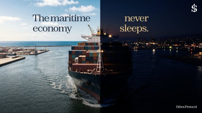 A split-day-and-night image of a large container ship at sea, with text reading 'The maritime economy never sleeps.' and 'Ethra Protocol' branding.