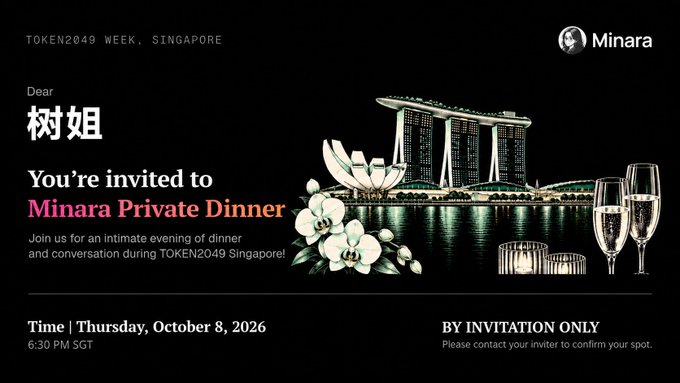 Black invitation card for a 'Minara Private Dinner' during TOKEN2049 Week in Singapore, addressed to '树姐' and scheduled for Thursday, October 8, 2026 at 6:30 PM SGT.