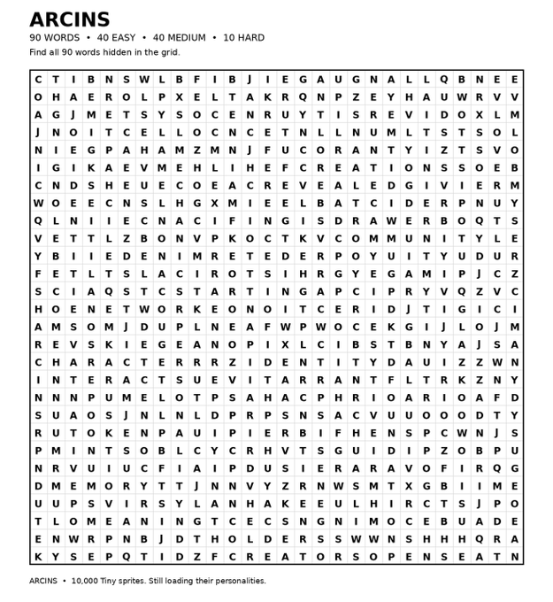 The image is a word search puzzle titled "ARCINS" with 90 hidden words (40 easy, 40 medium, 10 hard) arranged in a grid, along with a footer reading "ARCINS • 10,000 Tiny sprites. Still loading their personalities." It serves as a puzzle image for an ARCINS Hidden Words event, reminding participants to comment their found words along with their wallet information, as just the image alone won't count toward the prize draw.