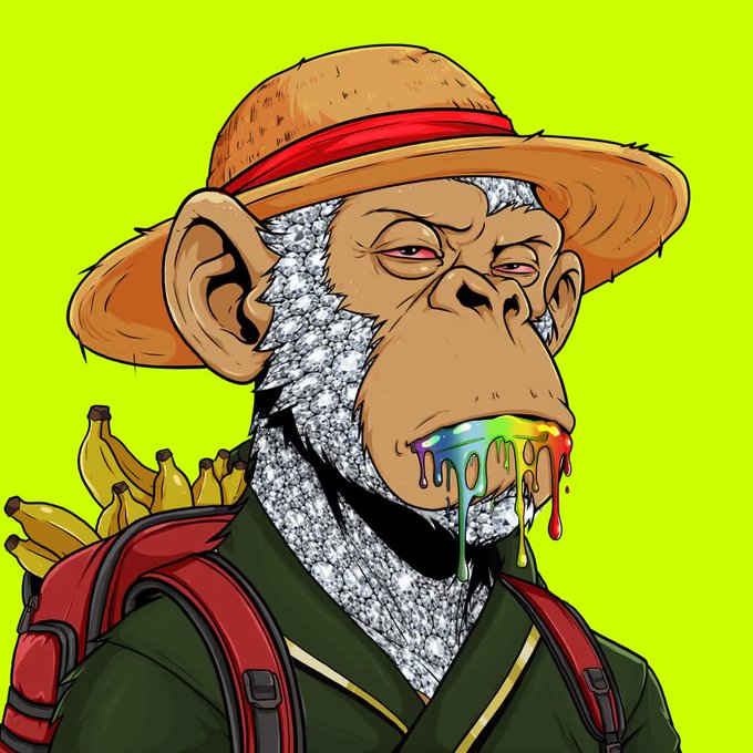A cartoon ape with a sparkly diamond-textured face wears a straw hat and backpack full of bananas, with rainbow-colored liquid dripping from its mouth. The image playfully matches the post's "Jungle" reference, with the ape's banana-packed backpack and flashy aesthetic tying into the NFT-style Bored Ape theme.