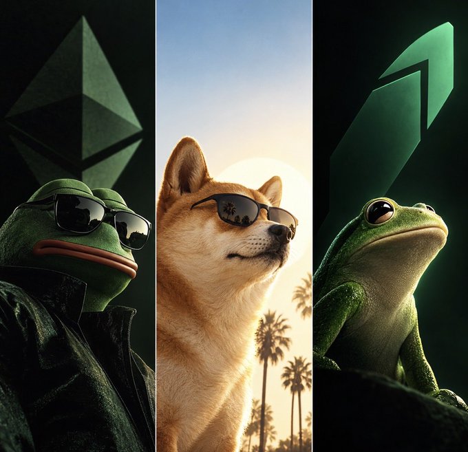 A three-panel image featuring crypto mascots: a frog with sunglasses and an Ethereum logo, a Shiba Inu with sunglasses at sunset, and a green frog with a crypto arrow logo.