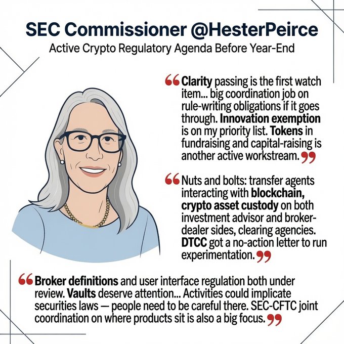 Illustration of SEC Commissioner Hester Peirce with quotes about her active crypto regulatory agenda before year-end, including 'Clarity' legislation, innovation exemption, tokens in fundraising, blockchain custody, and broker definitions.